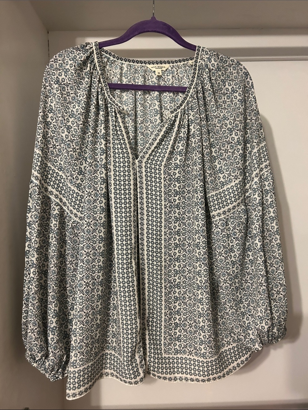 Max studio size 1x Boho Printed Peasant Top - Blue & White